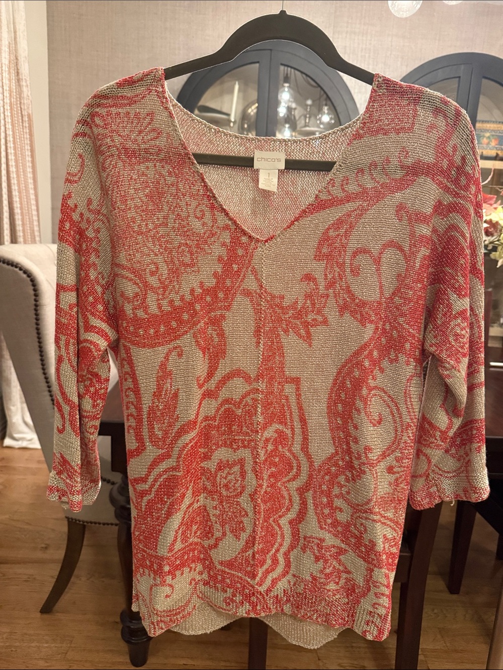 Chico's Coral and Beige Paisley V-Neck Knit Top